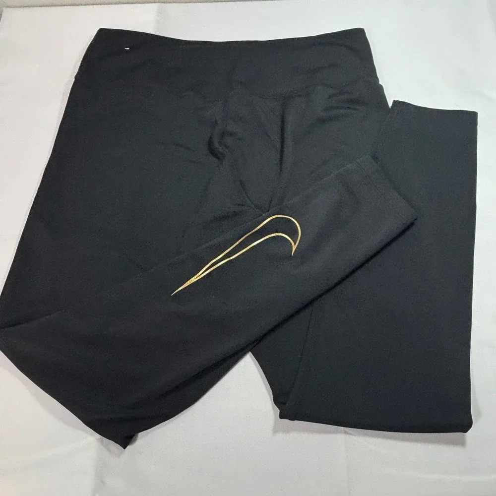 Nike Women Tight Dri-FIT‎ Full Legging Mid Rise Black Gold Swoosh DM1608 Size L